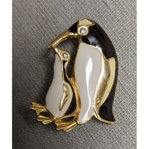 Vtg Penguin Brooch Pin Gold Tone Cream & Black Enamel Mom & Baby Rhinestone Eyes